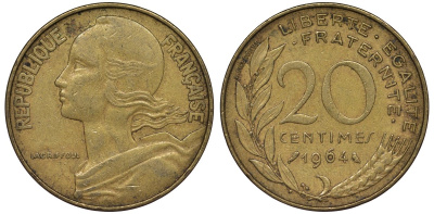 Франция 20 сантимов 1964 KM 930, Le Franс 156.4 медь алюминий никель 4122-144