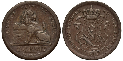 БЕЛЬГИЯ 1 САНТИМ 1833/2 BELGES KM 1.1 медь 02-264-13