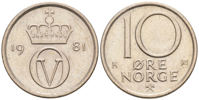 Норвегия 10 эре 1981 Улаф V (1958-1991) KM 416 медно-никель 4580-1016