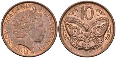Новая Зеландия 10 центов 2011 маска Маори, Елизавета II (1952-) KM 117а сталь плакированная медью 41-1122