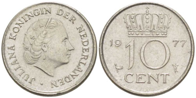 НИДЕРЛАНДЫ 10 ЦЕНТОВ 1977 ЮЛИАНА (1948-1980) KM 182 никель 211-1226