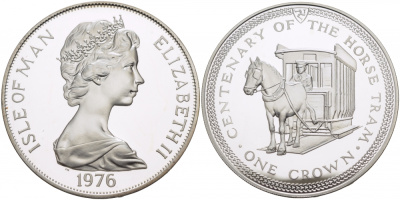 Остров Мэн 1 крона 1976 100 лет конному трамваю KM 38а серебро PROOF 1081-4-32