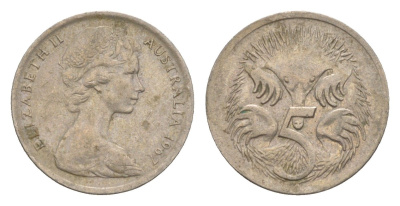 Австралия 5 центов 1967 Елизавета II (1952-2022) молодой портрет, ехидна KM 64 медно-никель 4151-413