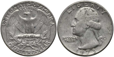 США 25 центов (квотер) 1973 D, Вашингтон KM 164а медь плакированная медно-никелем 113-511