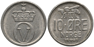 Норвегия 10 эре 1969 пчела, Улаф V KM 411 медно-никель 211-653
