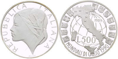 Италия 500 лир 1989 R, чемпионат мира по футболу в Италии 1990 года, карта Италии на глобусе, гербы KM 134 серебро PROOF 1080-1-41