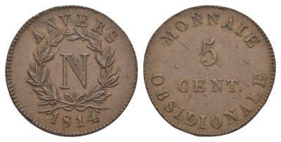 Франция, Осада Антверпена 5 сантимов 1814 Наполеон I KM 2 бронза 00-801-44