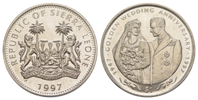 Сьерра-Леоне 1 доллар 1997 Золотая годовщина свадьбы – День свадьбы королевской пары KM 59 медно-никель BU 1521-1221