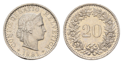 Швейцария 20 раппенов 1981 B KM 29a медно-никель 187-543