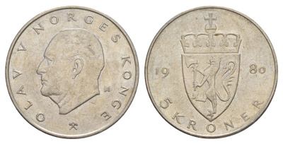 Норвегия 5 крон 1980 Улаф V (1957-1991) KM 420 медно-никель 4162-515