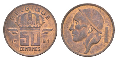Бельгия 50 сантимов 1991 Belgique, Бодуэн I (1951-1993) KM 148 бронза 4169-1237