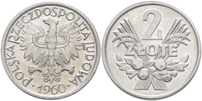 Польша 2 злотых 1960 MW KM 46, Parchimowicz 216c алюминий UNC 4185-1034
