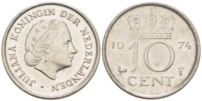 НИДЕРЛАНДЫ 10 ЦЕНТОВ 1974 ЮЛИАНА (1948-1980) KM 182 никель 116-469