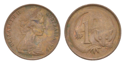 Австралия 1 цент 1976 Елизавета II (1952-2022), молодой портрет, опоссум KM 62 бронза 4585-355