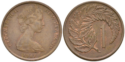 Новая Зеландия 1 цент 1967 Елизавета II, лист KM 31.1 бронза 4602-629