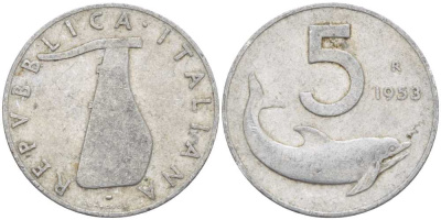 Италия 5 лир 1953 R, дельфин, плуг KM 92 алюминий 28-243