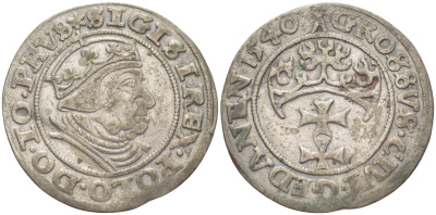 Данциг 1 грош 1540 Сигизмунд I Старый (1506-1548), вес 1,94 гр Schulten 675 серебро 1516-1435