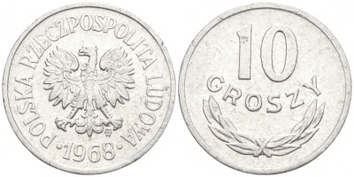 ПОЛЬША 10 ГРОШЕЙ 1968 MW KM АА47 алюминий 99-811