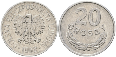 Польша 20 грошей 1962 MW KM А47, Parchimowicz 208c алюминий 08-925