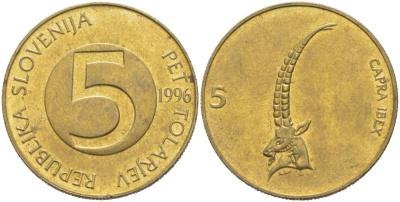 СЛОВЕНИЯ 5 ТОЛАРОВ 1996 ИБЕКС, АЛЬПИЙСКИЙ ГОРНЫЙ КОЗЁЛ KM 6 никель латунь 217-631