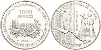 Центральная Африка (BEAC) 1000 франков 2004 чемпионат мира по футболу в Германии FIFA Камерун, 2006 KM 23 серебро PROOF 11-244-45