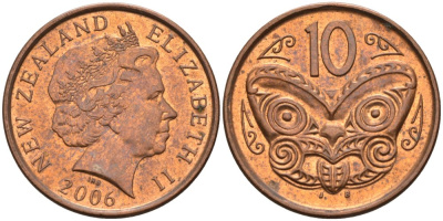 Новая Зеландия 10 центов 2006 Елизавета II (1952-2022), маска маори KM 117а сталь плакированная медью 106-1013