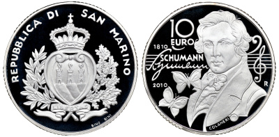 Сан-Марино 10 евро 2010 200 лет со дня рождения Роберта Шумана, коробка, сертификат KM NEW серебро PROOF 00-00