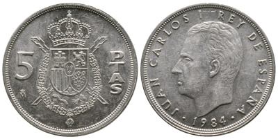 ИСПАНИЯ 5 ПЕСЕТ 1984 ХУАН КАРЛОС I (1975-) KM 823 медно-никель 4110-1524