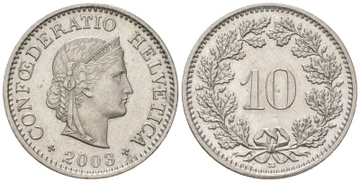 Швейцария 10 раппенов 2003 B KM 27 медно-никель UNC 220-1222