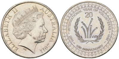 Австралия 20 центов 2011 10 лет Международному году волонтеров KM 1634 медно-никель UNC 4619-246
