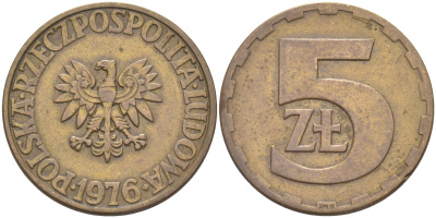 Польша 5 злотых 1976 монетный двор Ленинград (ЛМД) KM 81.1, Parchimowicz 221b латунь 119-1133