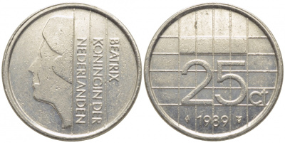 НИДЕРЛАНДЫ 25 ЦЕНТОВ 1989 БЕАТРИКС KM 204 никель 112-326
