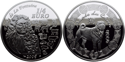 Франция 1/4 евро 2006 басни Лафонтена, год собаки KM 1415 серебро BUNC 1068-10-62