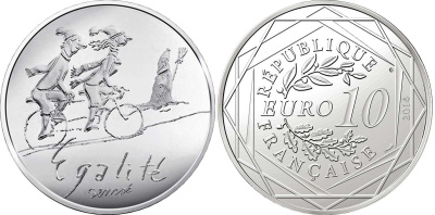 Франция 10 евро 2014 карикатуры Жан-Жака Сампе, зима-равенство, люди на велосипеде, снеговик, в оригинальном буклете KM NEW серебро UNC 1-4-3-06
