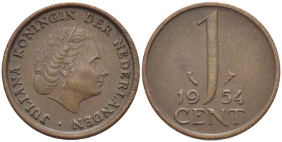 Нидерланды 1 цент 1954 Юлиана (1949-1980) KM 180 бронза 206-248