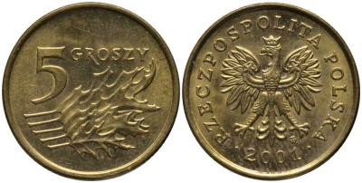 Польша 5 грошей 2001 MW KM 278 латунь 201-428