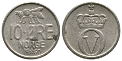 Норвегия 10 эре 1960 пчела, Улаф V (1958-1991) KM 411 медно-никель 220-462