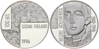 Финляндия 100 марок 1996 50 лет со дня смерти Хелена Шерфбек, художница, тираж 3000 экземпляров KM 83 серебро  PROOF  1095-2-13