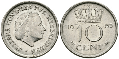 НИДЕРЛАНДЫ 10 ЦЕНТОВ 1963 ЮЛИАНА KM 182 никель 96-457