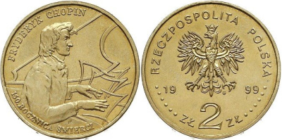 Польша 2 злотых 1999 MW, 150 лет со дня смерти Фредерика Шопена KM 365 нордик  UNC  4521-535