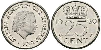 НИДЕРЛАНДЫ 25 ЦЕНТОВ 1980 ЮЛИАНА KM 183 никель 96-261