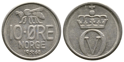 Норвегия 10 эре 1968 пчела, Улаф V (1958-1991) KM 411 медно-никель 220-454