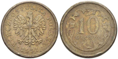 ПОЛЬША 10 ГРОШЕЙ 1991 MW KM 279 медно-никель 116-1112