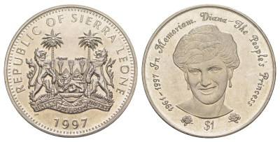 Сьерра-Леоне 1 доллар 1997 Диана - Народная принцесса, бюст Дианы KM 72 медно-никель BU 1082-6-23
