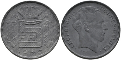 Бельгия 5 франков 1945 Belges, Леопольд III (1934-1947), германская оккупация KM 129.1 цинк 3461-211