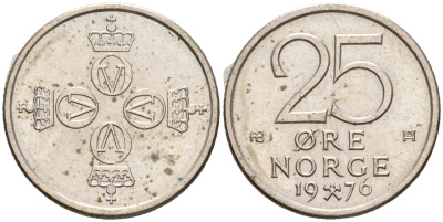 Норвегия 25 эре 1976 Улаф V (1958-1991) KM 417 медно-никель 4608-335