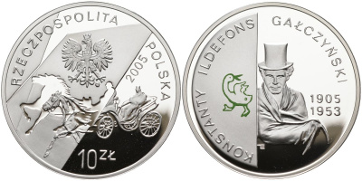 Польша 10 злотых 2005 MW, Константы Ильдефонс Галчиньский, поэт, гусь, цветная эмаль KM 537 серебро PROOF 11-230-26