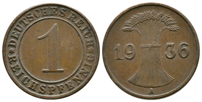 Германия 1 рейхспфенниг 1936 A KM 37, J. 313 бронза 220-129