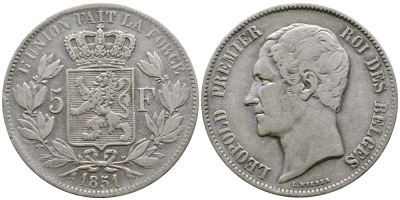 Бельгия 5 франков 1851 Леопольд I (1831-1865) KM 17 серебро 00-1067-4-13
