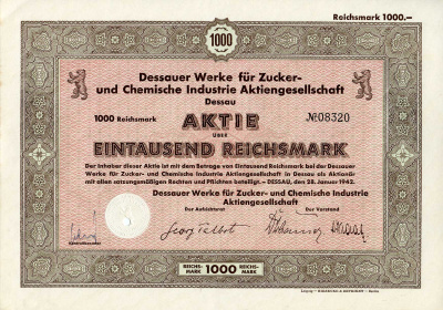 Германия 1000 рейхсмарок 1942 АО заводов Дессау для сахарной и химической промышленности, акция   бумага   8802-44-1